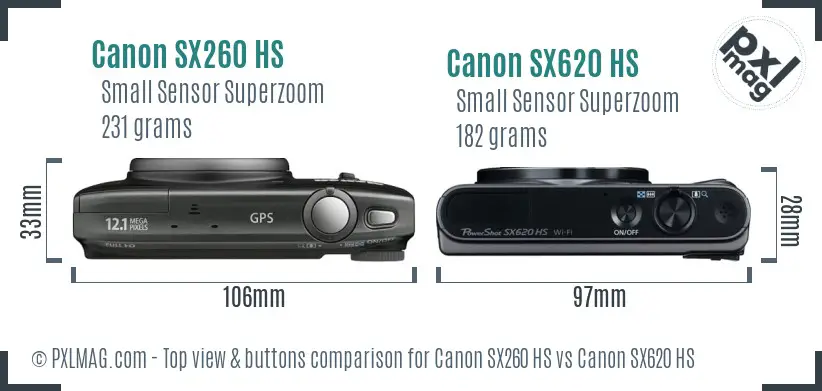 Canon SX260 HS vs Canon SX620 HS top view buttons comparison