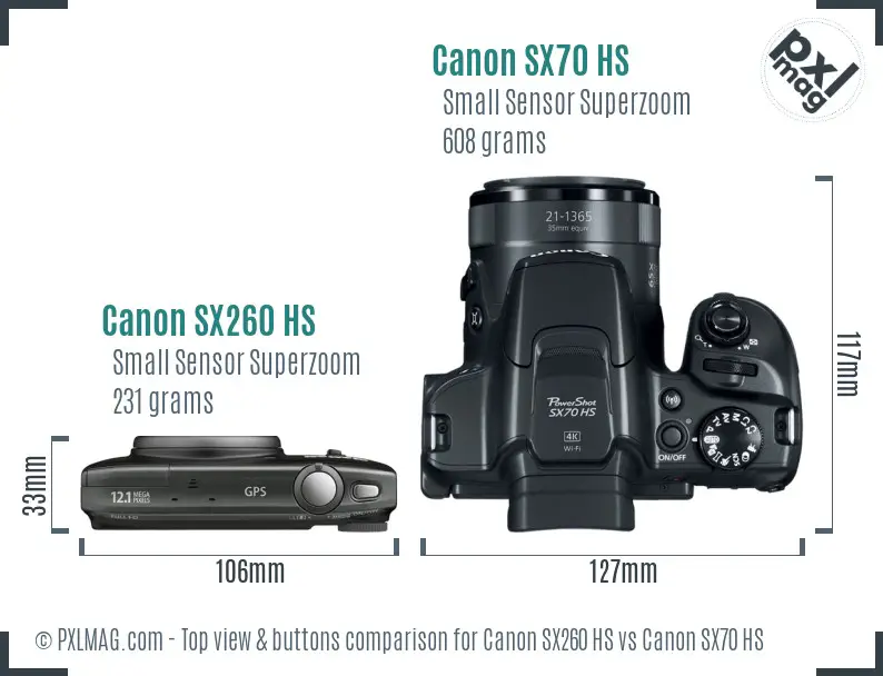 Canon SX260 HS vs Canon SX70 HS top view buttons comparison