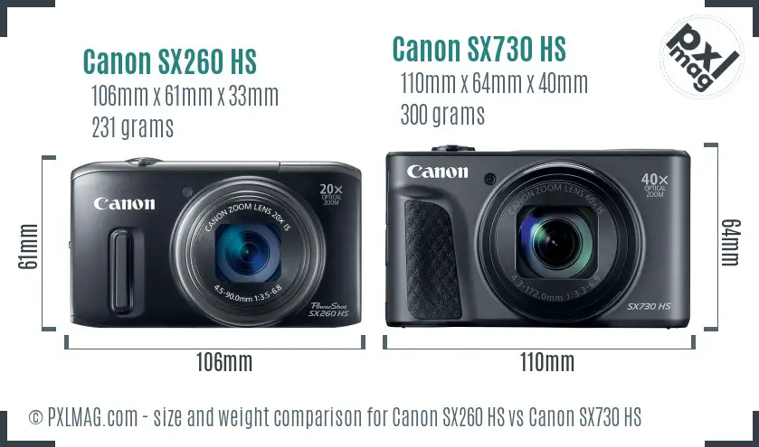Canon SX260 HS vs Canon SX730 HS size comparison