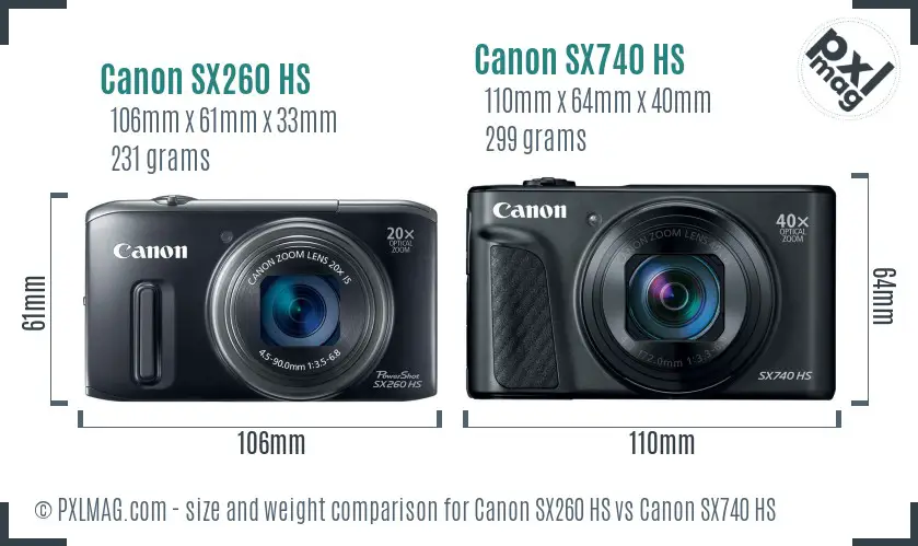Canon SX260 HS vs Canon SX740 HS size comparison
