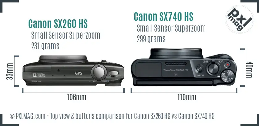 Canon SX260 HS vs Canon SX740 HS top view buttons comparison