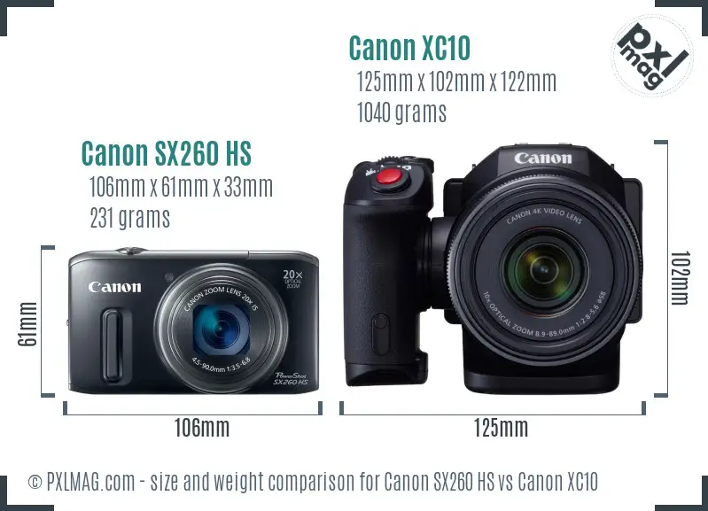 Canon SX260 HS vs Canon XC10 size comparison