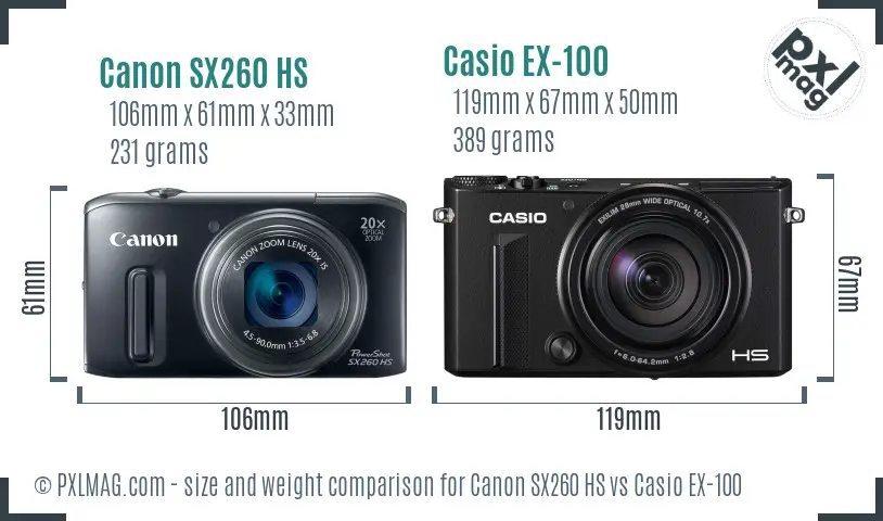 Canon SX260 HS vs Casio EX-100 size comparison