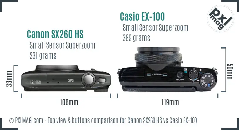 Canon SX260 HS vs Casio EX-100 top view buttons comparison