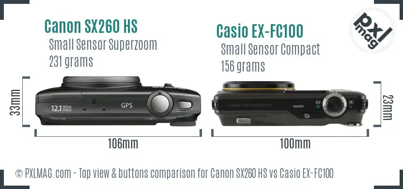 Canon SX260 HS vs Casio EX-FC100 top view buttons comparison