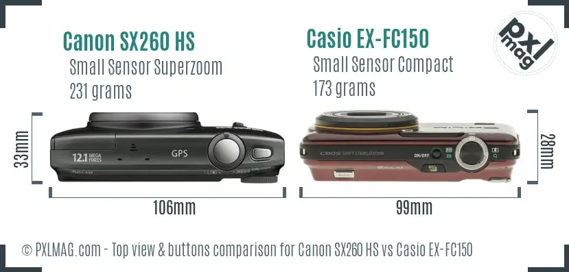 Canon SX260 HS vs Casio EX-FC150 top view buttons comparison