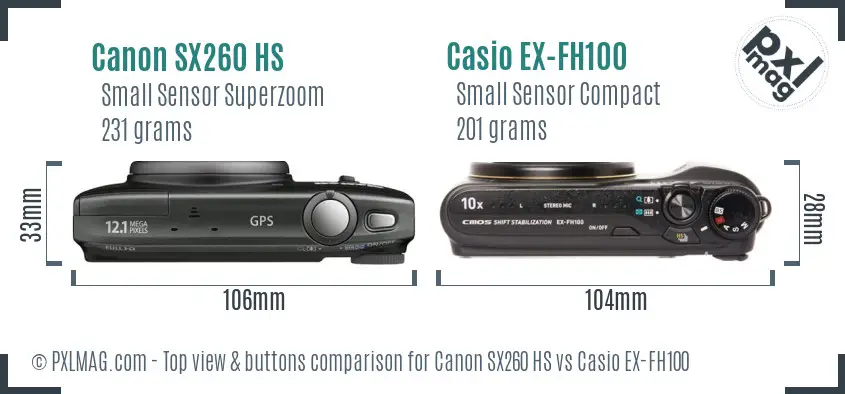 Canon SX260 HS vs Casio EX-FH100 top view buttons comparison