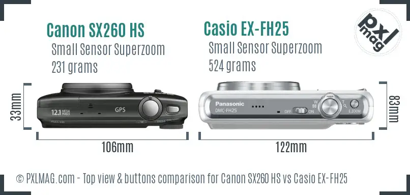 Canon SX260 HS vs Casio EX-FH25 top view buttons comparison