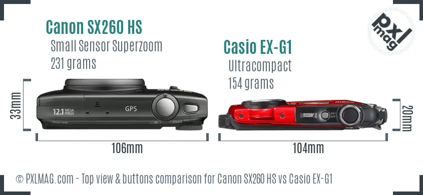 Canon SX260 HS vs Casio EX-G1 top view buttons comparison