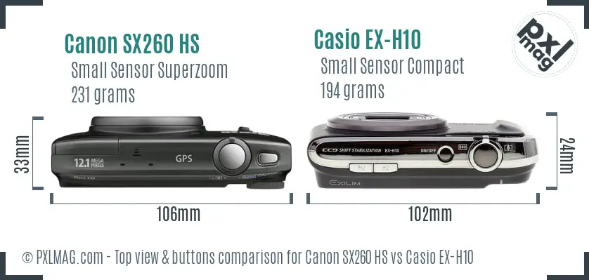 Canon SX260 HS vs Casio EX-H10 top view buttons comparison