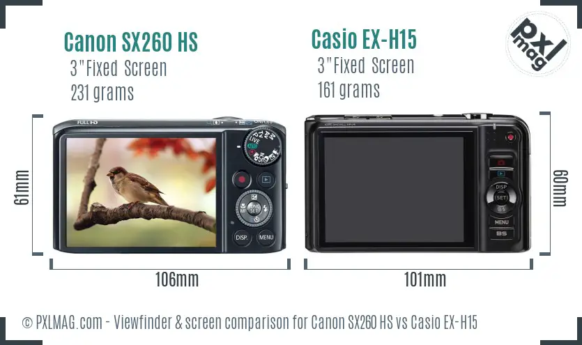 Canon SX260 HS vs Casio EX-H15 Screen and Viewfinder comparison