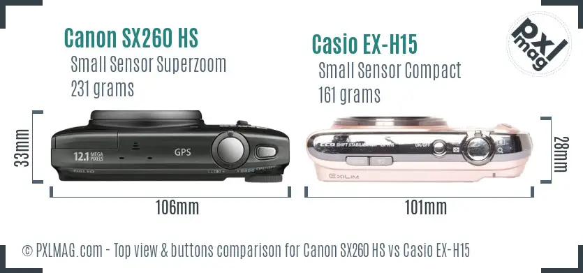 Canon SX260 HS vs Casio EX-H15 top view buttons comparison