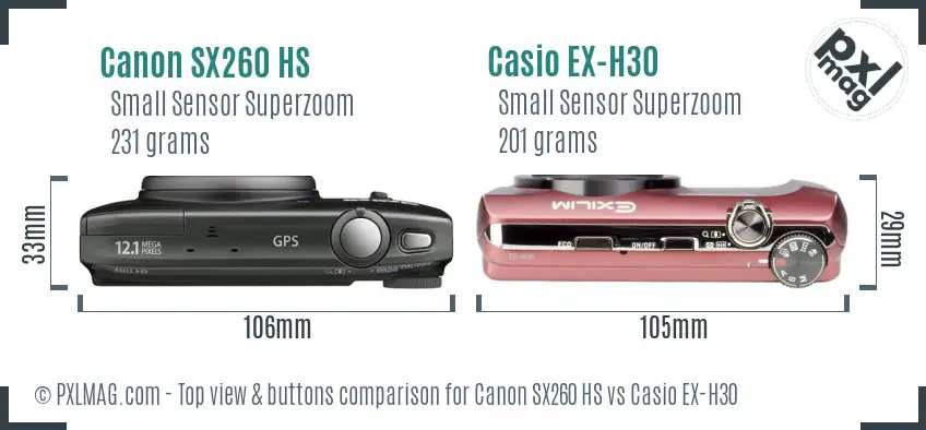 Canon SX260 HS vs Casio EX-H30 top view buttons comparison