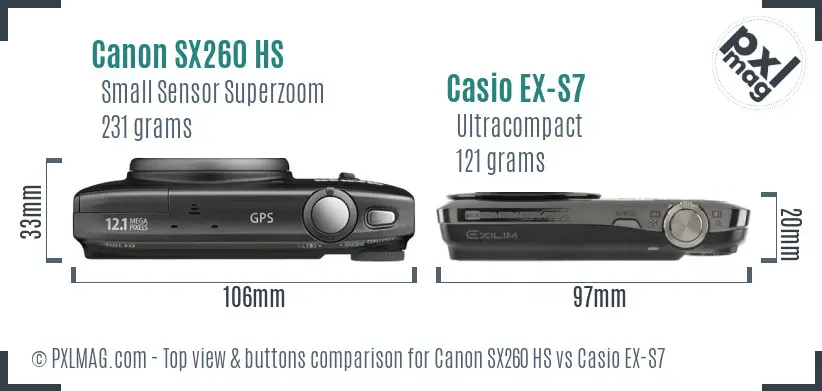Canon SX260 HS vs Casio EX-S7 top view buttons comparison