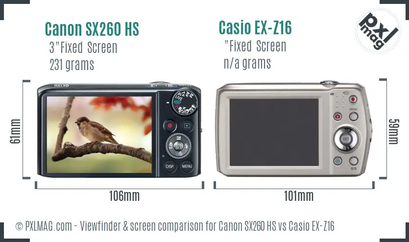 Canon SX260 HS vs Casio EX-Z16 Screen and Viewfinder comparison