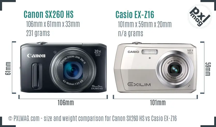 Canon SX260 HS vs Casio EX-Z16 size comparison