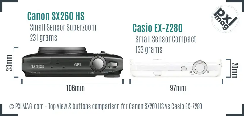 Canon SX260 HS vs Casio EX-Z280 top view buttons comparison