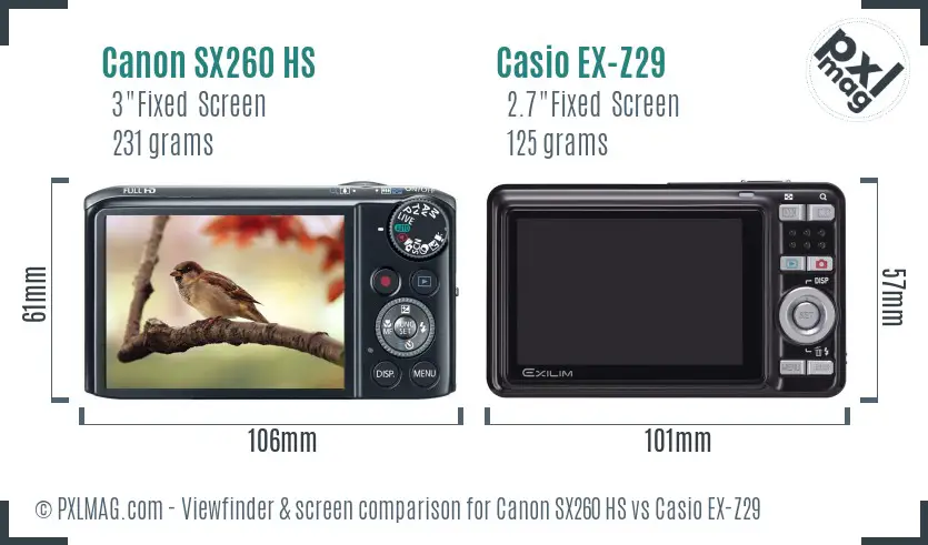 Canon SX260 HS vs Casio EX-Z29 Screen and Viewfinder comparison