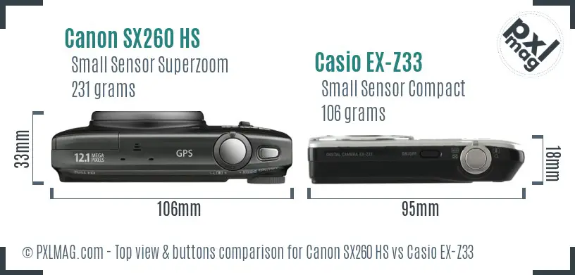 Canon SX260 HS vs Casio EX-Z33 top view buttons comparison