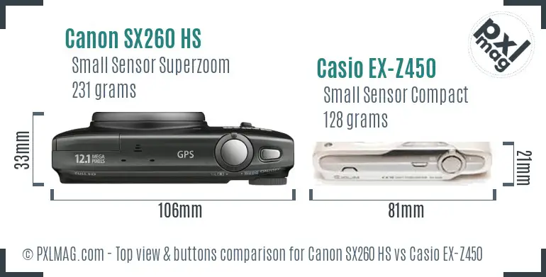 Canon SX260 HS vs Casio EX-Z450 top view buttons comparison