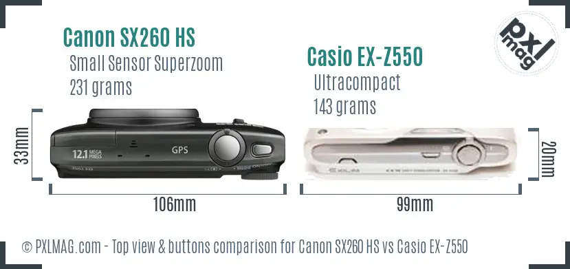 Canon SX260 HS vs Casio EX-Z550 top view buttons comparison