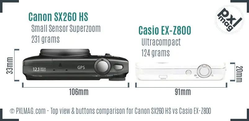Canon SX260 HS vs Casio EX-Z800 top view buttons comparison
