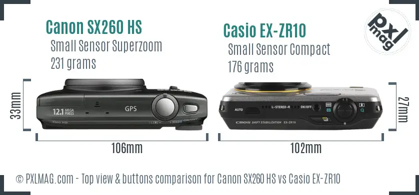 Canon SX260 HS vs Casio EX-ZR10 top view buttons comparison