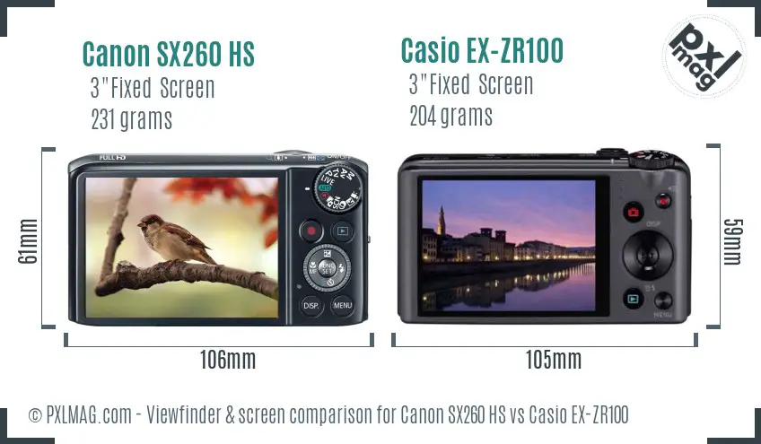 Canon SX260 HS vs Casio EX-ZR100 Screen and Viewfinder comparison