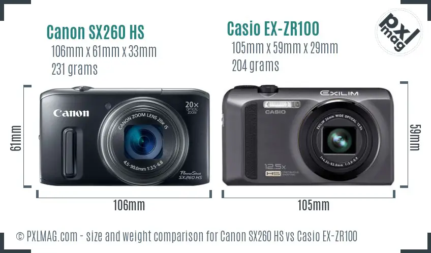 Canon SX260 HS vs Casio EX-ZR100 size comparison