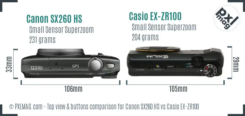 Canon SX260 HS vs Casio EX-ZR100 top view buttons comparison