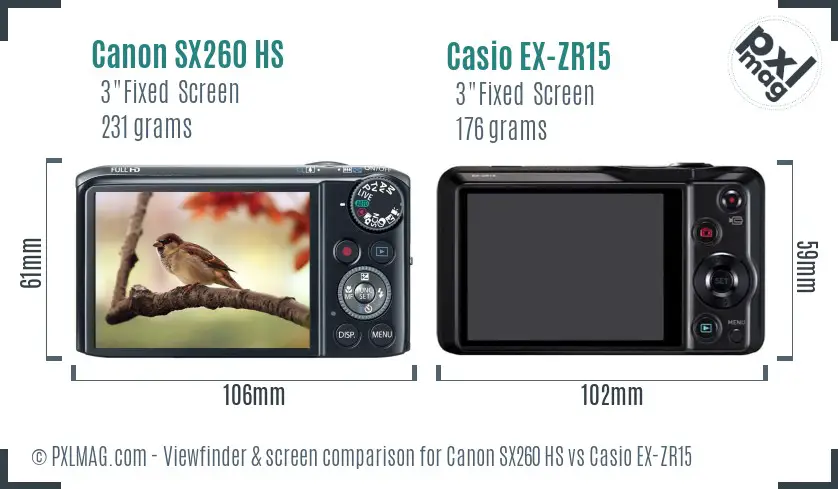 Canon SX260 HS vs Casio EX-ZR15 Screen and Viewfinder comparison