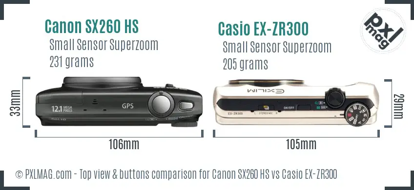 Canon SX260 HS vs Casio EX-ZR300 top view buttons comparison