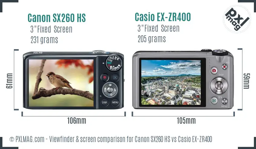 Canon SX260 HS vs Casio EX-ZR400 Screen and Viewfinder comparison