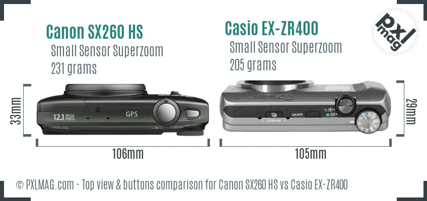 Canon SX260 HS vs Casio EX-ZR400 top view buttons comparison