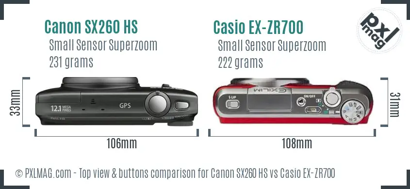 Canon SX260 HS vs Casio EX-ZR700 top view buttons comparison Canon SX260 HS vs Casio EX-ZR700 top view buttons comparison