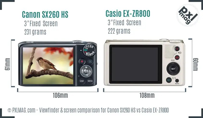Canon SX260 HS vs Casio EX-ZR800 Screen and Viewfinder comparison