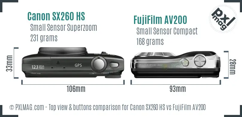 Canon SX260 HS vs FujiFilm AV200 top view buttons comparison