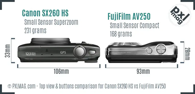 Canon SX260 HS vs FujiFilm AV250 top view buttons comparison
