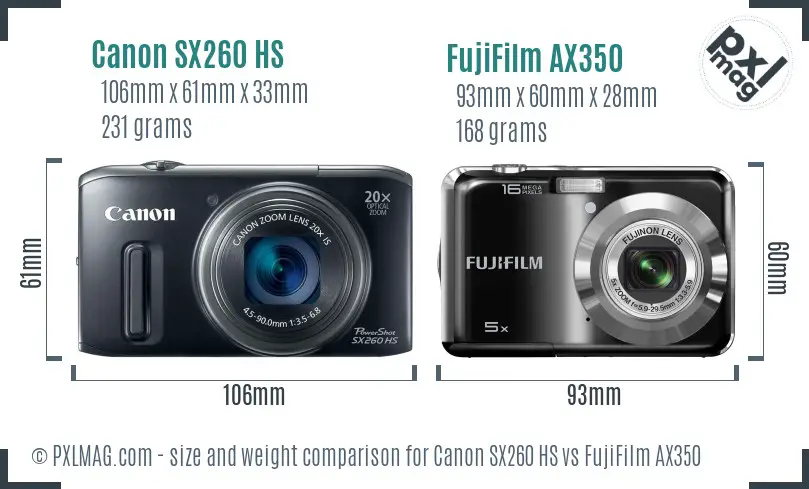 Canon SX260 HS vs FujiFilm AX350 size comparison