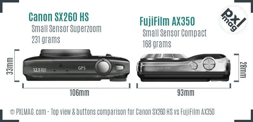 Canon SX260 HS vs FujiFilm AX350 top view buttons comparison