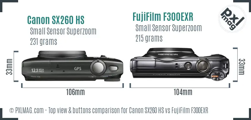 Canon SX260 HS vs FujiFilm F300EXR top view buttons comparison