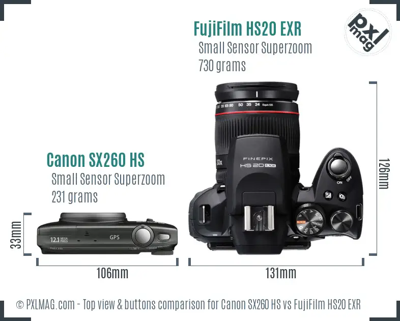 Canon SX260 HS vs FujiFilm HS20 EXR top view buttons comparison Canon SX260 HS vs FujiFilm HS20 EXR top view buttons comparison