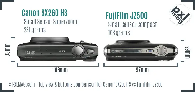Canon SX260 HS vs FujiFilm JZ500 top view buttons comparison