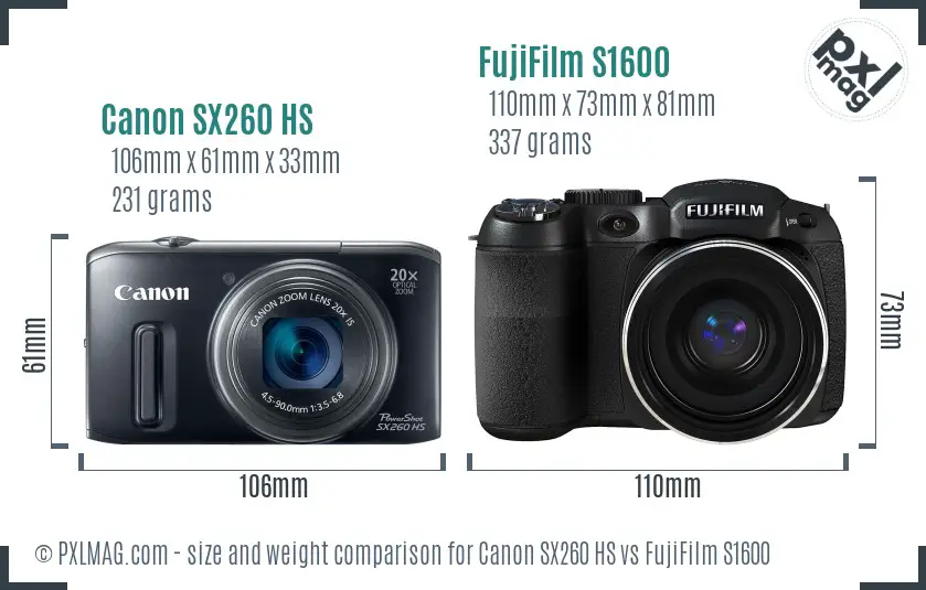 Canon SX260 HS vs FujiFilm S1600 size comparison