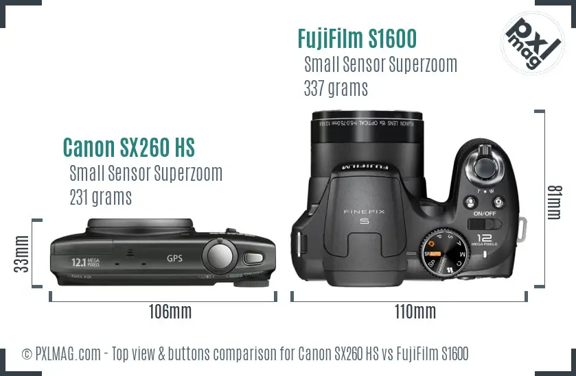 Canon SX260 HS vs FujiFilm S1600 top view buttons comparison