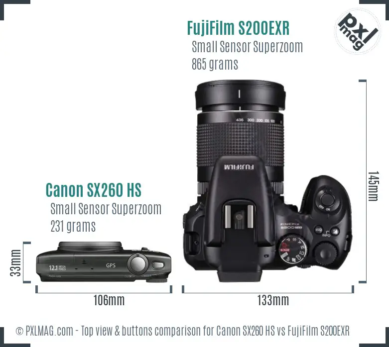 Canon SX260 HS vs FujiFilm S200EXR top view buttons comparison