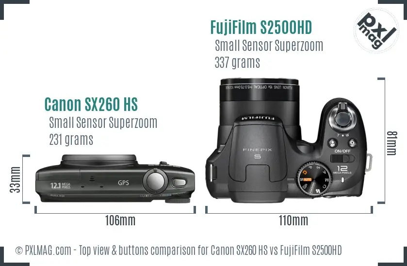 Canon SX260 HS vs FujiFilm S2500HD top view buttons comparison
