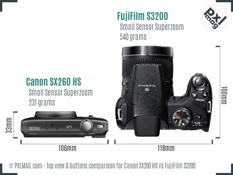 Canon SX260 HS vs FujiFilm S3200 top view buttons comparison