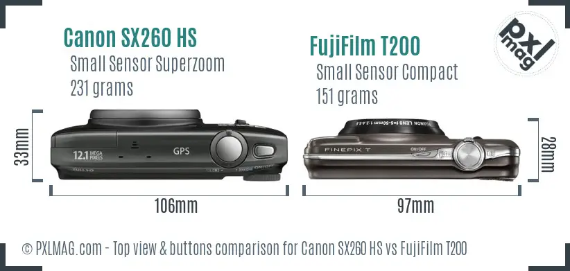 Canon SX260 HS vs FujiFilm T200 top view buttons comparison Canon SX260 HS vs FujiFilm T200 top view buttons comparison