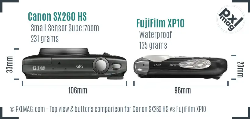 Canon SX260 HS vs FujiFilm XP10 top view buttons comparison